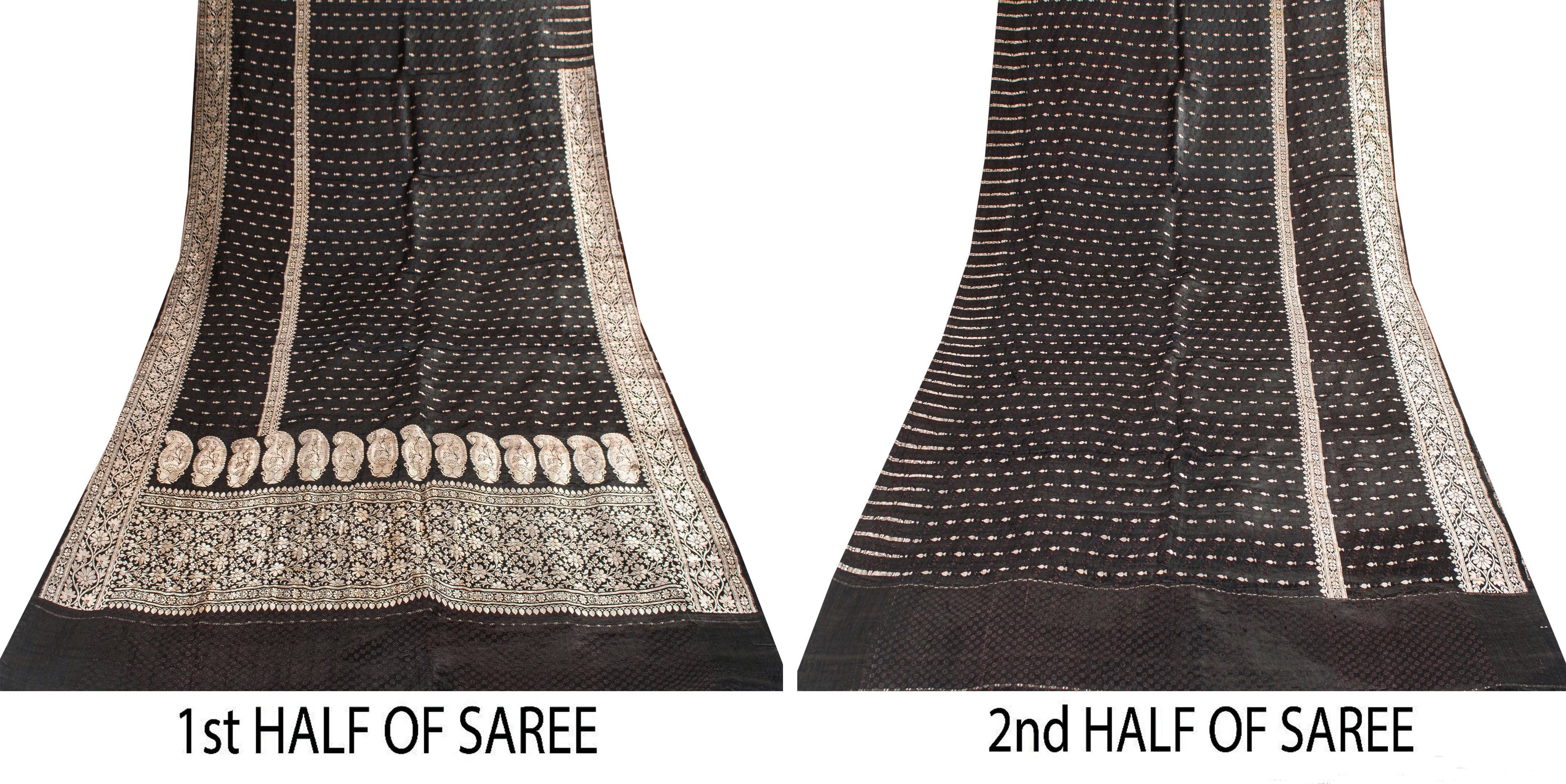 Sanskriti Vintage Black Pure Satin Sarees Banarasi Brocade Zari Hand Woven Sari