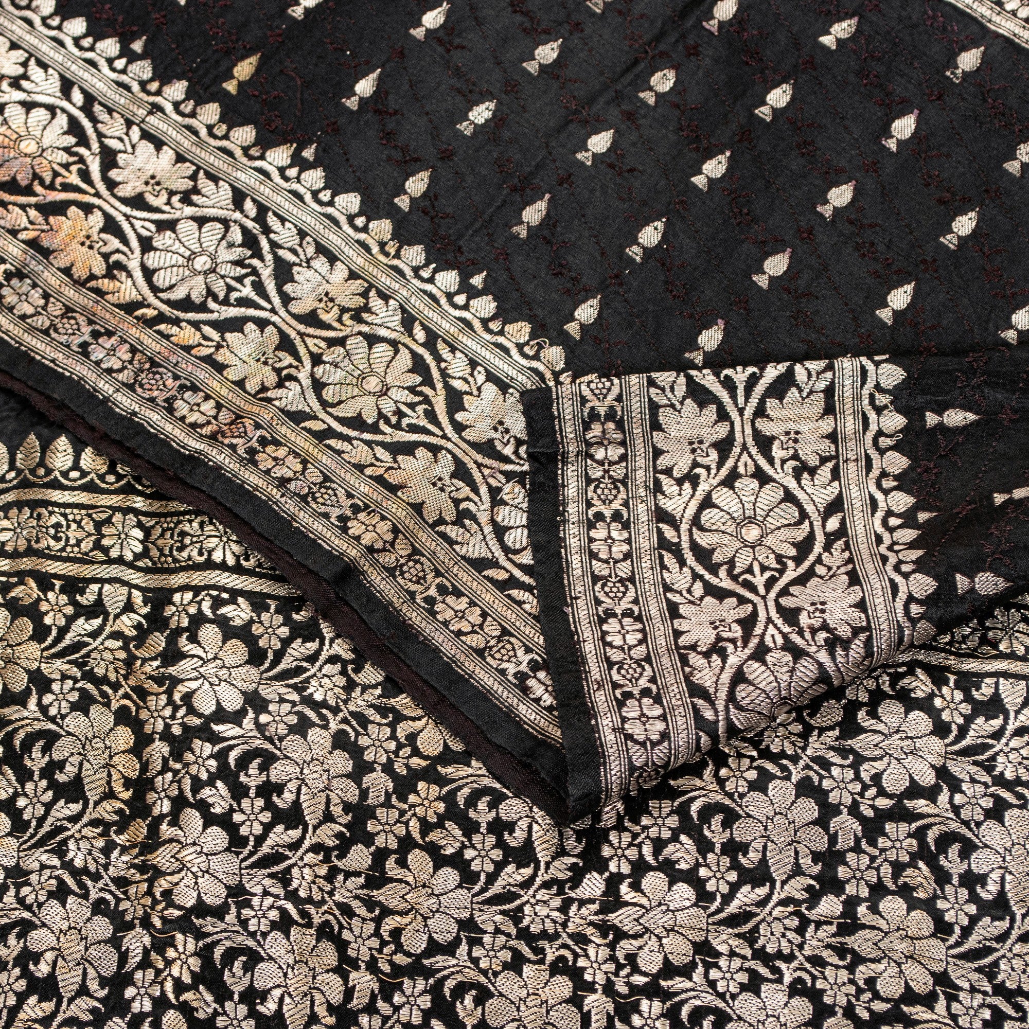 Sanskriti Vintage Black Pure Satin Sarees Banarasi Brocade Zari Hand Woven Sari