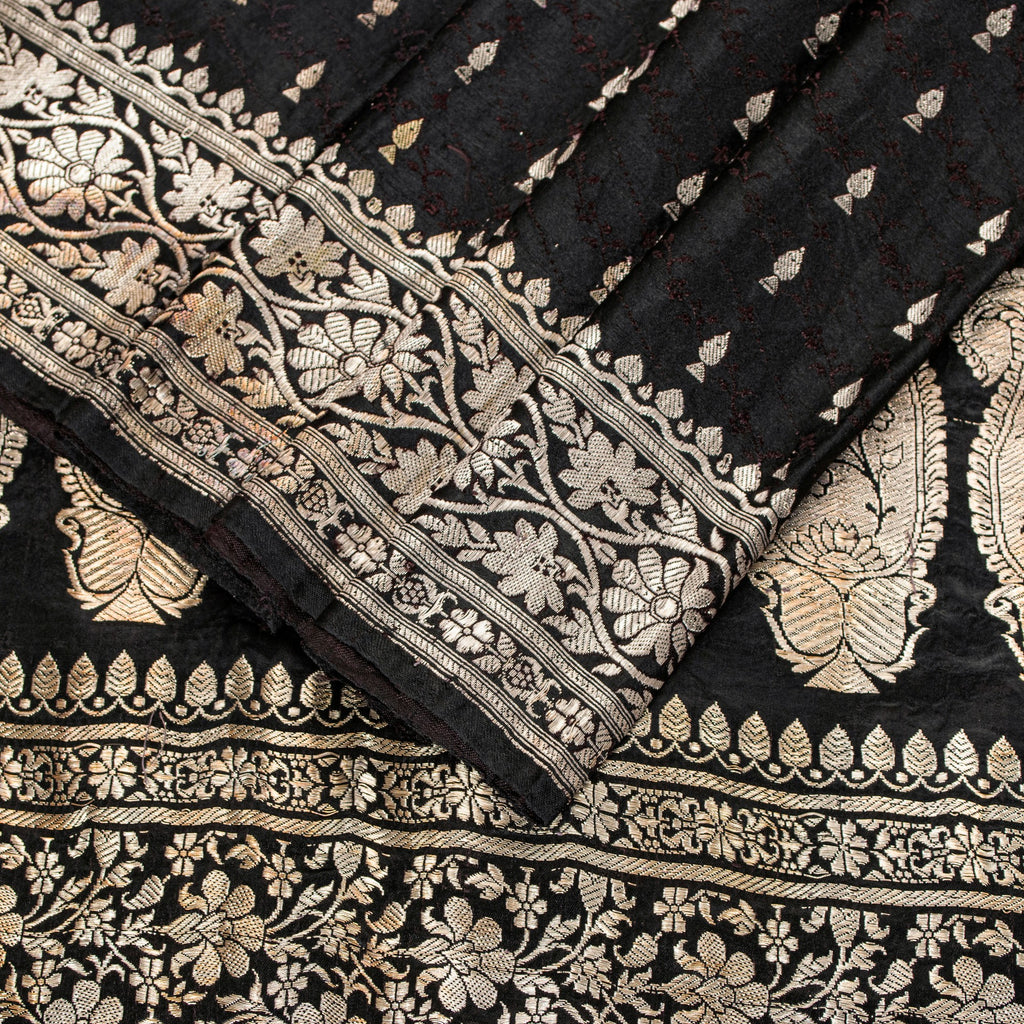 Sanskriti Vintage Black Pure Satin Sarees Banarasi Brocade Zari Hand Woven Sari