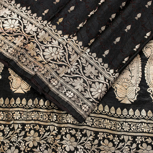 Sanskriti Vintage Black Pure Satin Sarees Banarasi Brocade Zari Hand Woven Sari