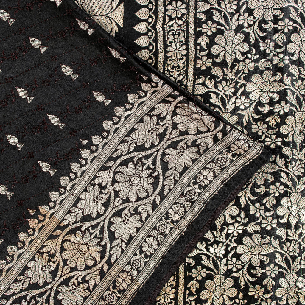 Sanskriti Vintage Black Pure Satin Sarees Banarasi Brocade Zari Hand Woven Sari
