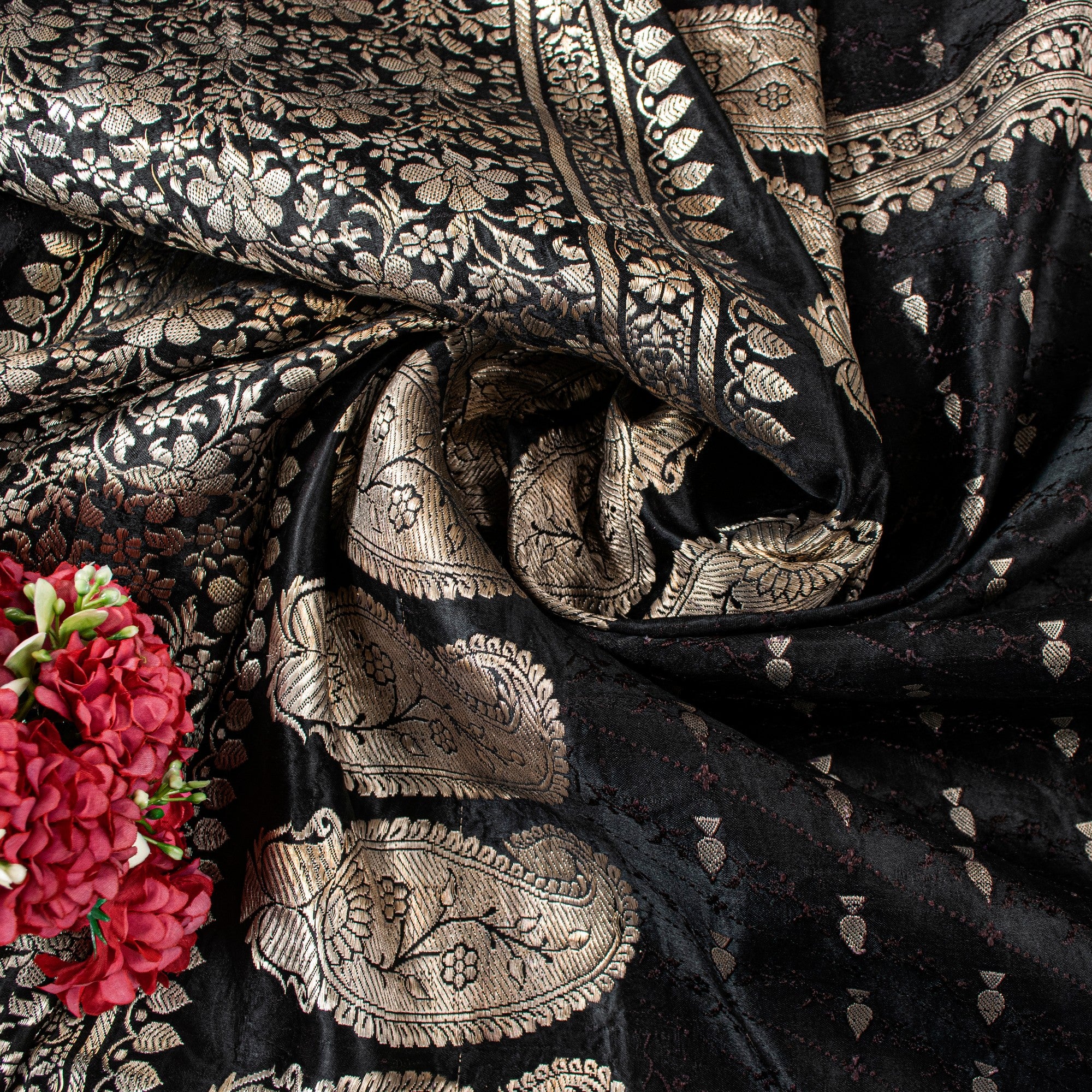 Sanskriti Vintage Black Pure Satin Sarees Banarasi Brocade Zari Hand Woven Sari