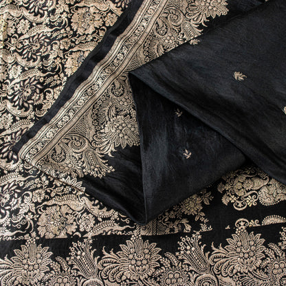Sanskriti Vintage Black Pure Satin Sarees Banarasi Brocade Zari Hand Woven 5+YD
