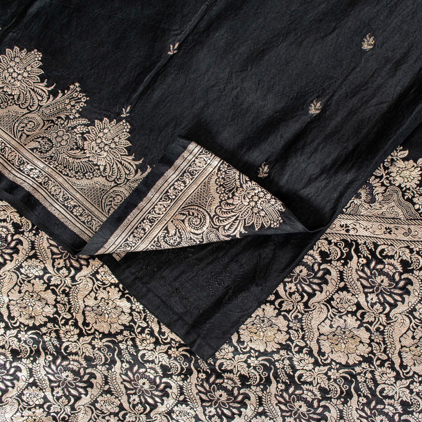 Sanskriti Vintage Black Pure Satin Sarees Banarasi Brocade Zari Hand Woven 5+YD