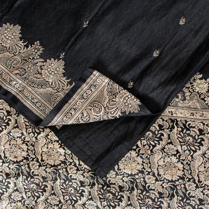 Sanskriti Vintage Black Pure Satin Sarees Banarasi Brocade Zari Hand Woven 5+YD