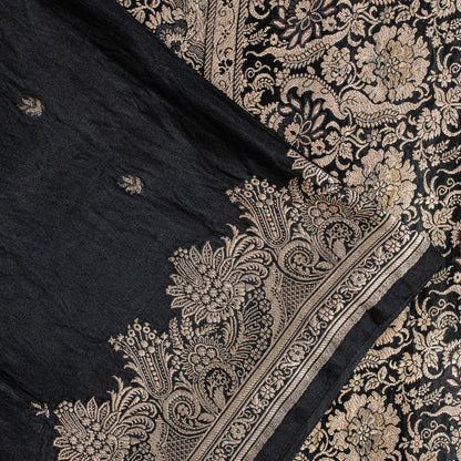 Sanskriti Vintage Black Pure Satin Sarees Banarasi Brocade Zari Hand Woven 5+YD