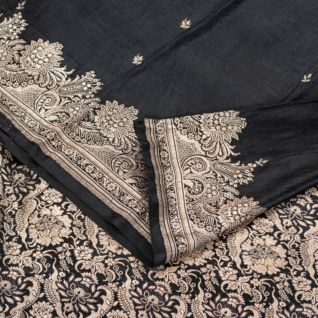 Sanskriti Vintage Black Pure Satin Sarees Banarasi Brocade Zari Hand Woven 5+YD