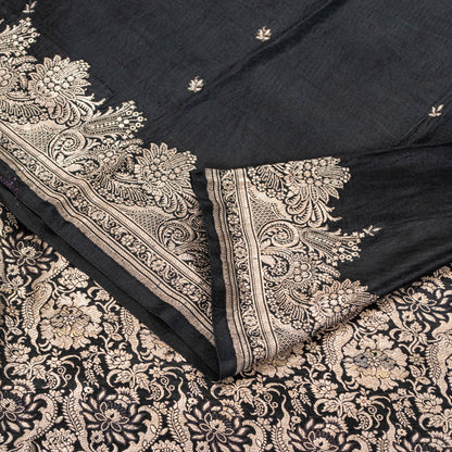 Sanskriti Vintage Black Pure Satin Sarees Banarasi Brocade Zari Hand Woven 5+YD