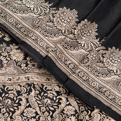 Sanskriti Vintage Black Pure Satin Sarees Banarasi Brocade Zari Hand Woven 5+YD