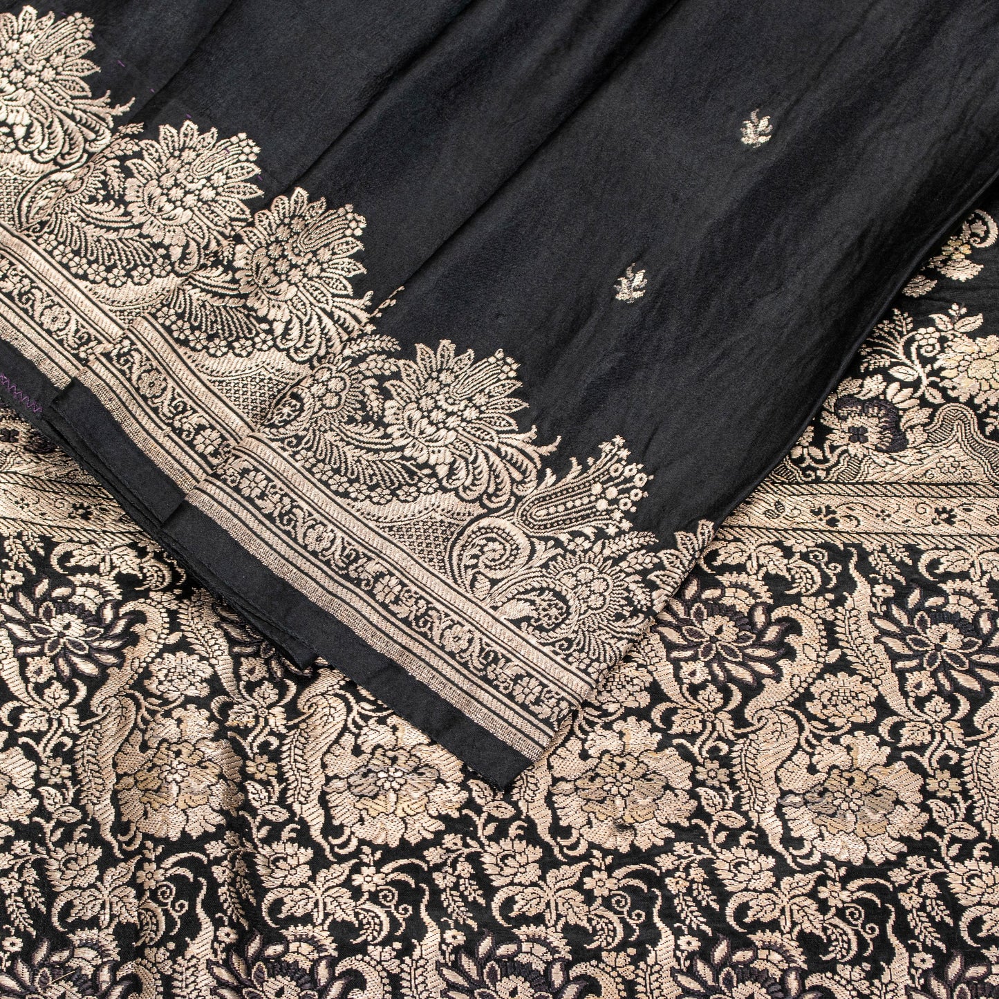 Sanskriti Vintage Black Pure Satin Sarees Banarasi Brocade Zari Hand Woven 5+YD