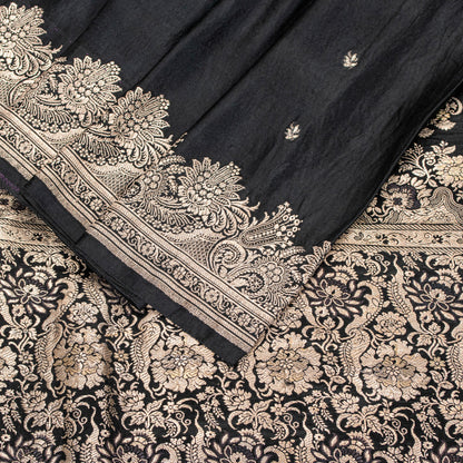 Sanskriti Vintage Black Pure Satin Sarees Banarasi Brocade Zari Hand Woven 5+YD