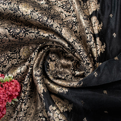 Sanskriti Vintage Black Pure Satin Sarees Banarasi Brocade Zari Hand Woven 5+YD