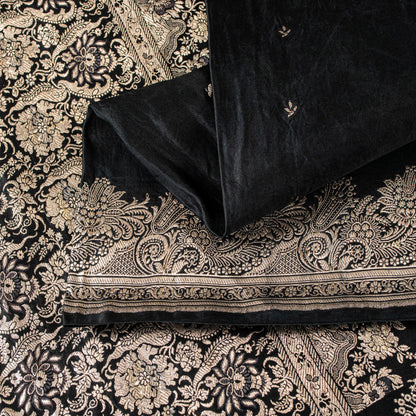 Sanskriti Vintage Black Pure Satin Sarees Banarasi Brocade Zari Hand Woven 5+YD