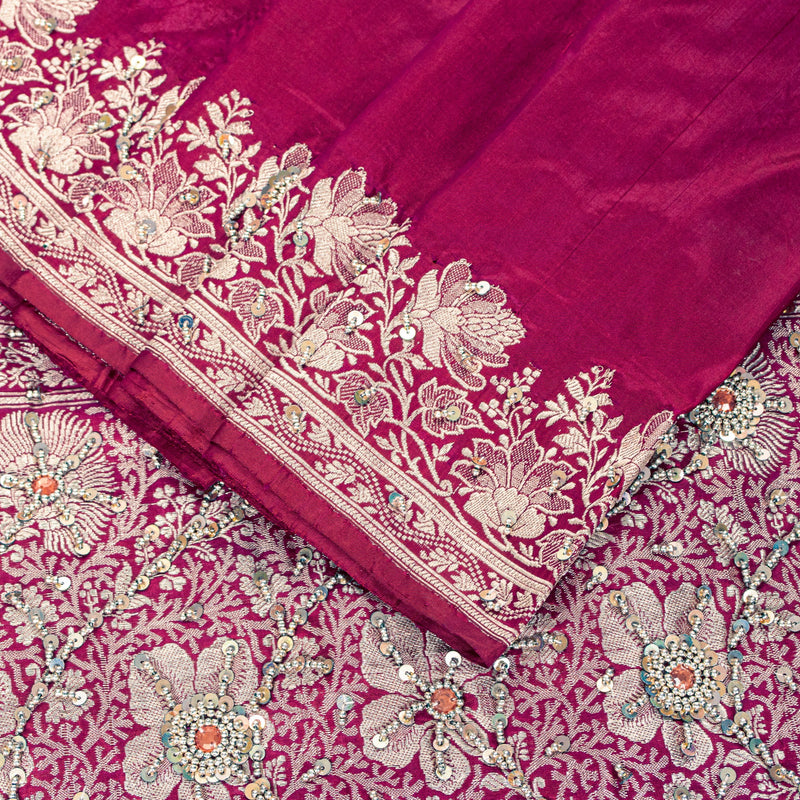 Sanskriti Vintage Saree Pink 100% Pure Silk 5+YD Brocade Hand Woven Beaded Banarasi Fabric Uses-Table linen, Cushions, Curtains,