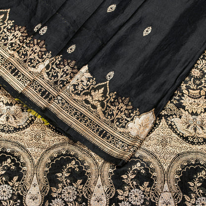 Sanskriti Vintage Saree Black 100% Pure Satin Silk 5+Yd Sari Banarasi Brocade Zari Hand Woven Create Dresses, Kaftan, Skirt, Top, Project