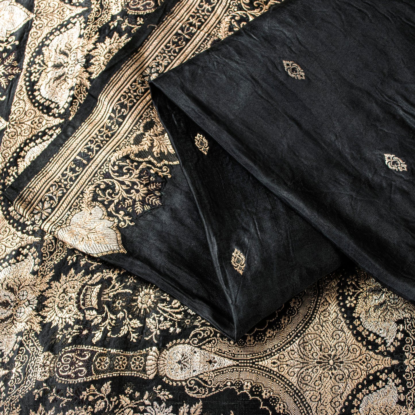Sanskriti Vintage Saree Black 100% Pure Satin Silk 5+Yd Sari Banarasi Brocade Zari Hand Woven Create Dresses, Kaftan, Skirt, Top, Project