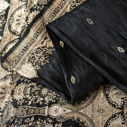 Sanskriti Vintage Saree Black 100% Pure Satin Silk 5+Yd Sari Banarasi Brocade Zari Hand Woven Create Dresses, Kaftan, Skirt, Top, Project