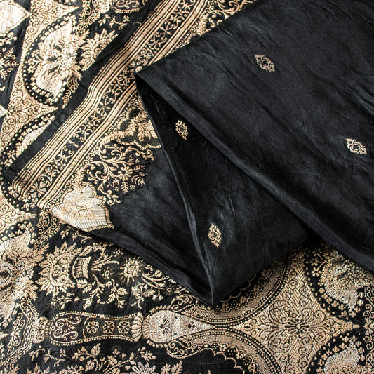 Sanskriti Vintage Black Pure Satin Sarees Banarasi Brocade Zari Hand Woven 5+YD