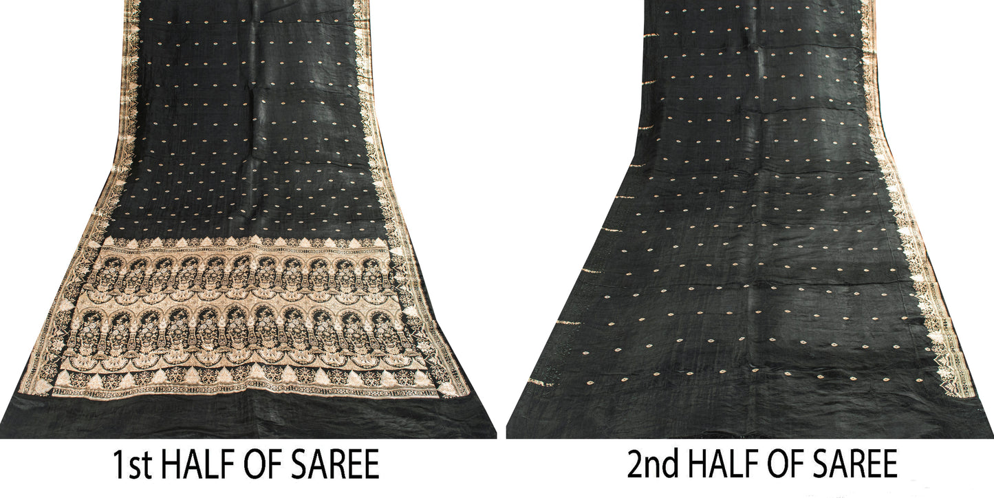 Sanskriti Vintage Saree Black 100% Pure Satin Silk 5+Yd Sari Banarasi Brocade Zari Hand Woven Create Dresses, Kaftan, Skirt, Top, Project
