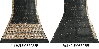 Sanskriti Vintage Saree Black 100% Pure Satin Silk 5+Yd Sari Banarasi Brocade Zari Hand Woven Create Dresses, Kaftan, Skirt, Top, Project