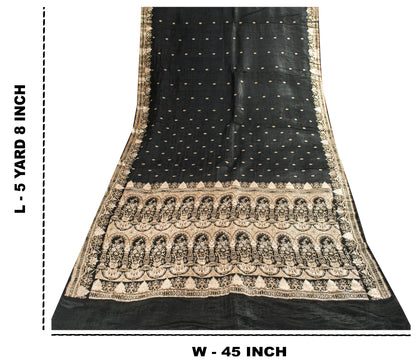 Sanskriti Vintage Saree Black 100% Pure Satin Silk 5+Yd Sari Banarasi Brocade Zari Hand Woven Create Dresses, Kaftan, Skirt, Top, Project