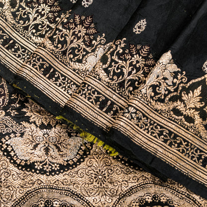 Sanskriti Vintage Saree Black 100% Pure Satin Silk 5+Yd Sari Banarasi Brocade Zari Hand Woven Create Dresses, Kaftan, Skirt, Top, Project