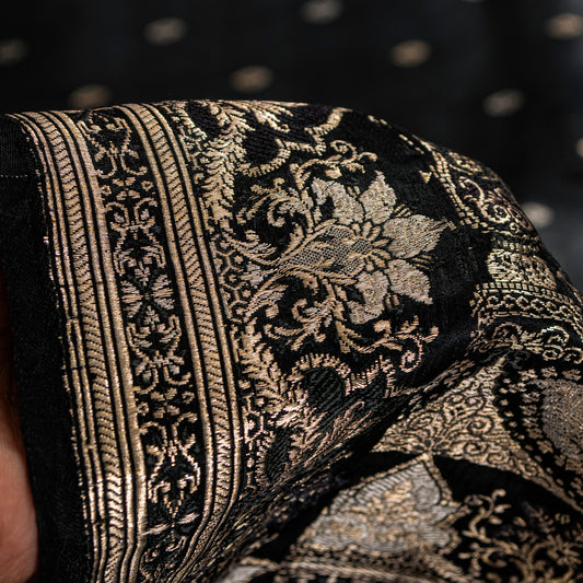Sanskriti Vintage Black Pure Satin Sarees Banarasi Brocade Zari Hand Woven 5+YD