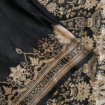 Sanskriti Vintage Saree Black 100% Pure Satin Silk 5+Yd Sari Banarasi Brocade Zari Hand Woven Create Dresses, Kaftan, Skirt, Top, Project