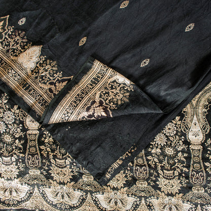Sanskriti Vintage Saree Black 100% Pure Satin Silk 5+Yd Sari Banarasi Brocade Zari Hand Woven Create Dresses, Kaftan, Skirt, Top, Project