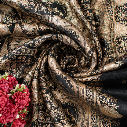 Sanskriti Vintage Saree Black 100% Pure Satin Silk 5+Yd Sari Banarasi Brocade Zari Hand Woven Create Dresses, Kaftan, Skirt, Top, Project