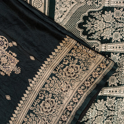 Sanskriti Vintage Black SoftPure Satin Sarees Banarasi Brocade Zari Handmade 5YD