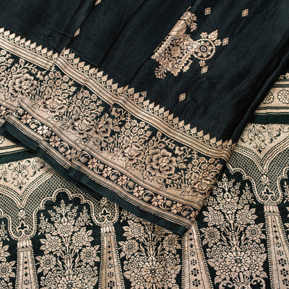 Sanskriti Vintage Black SoftPure Satin Sarees Banarasi Brocade Zari Handmade 5YD