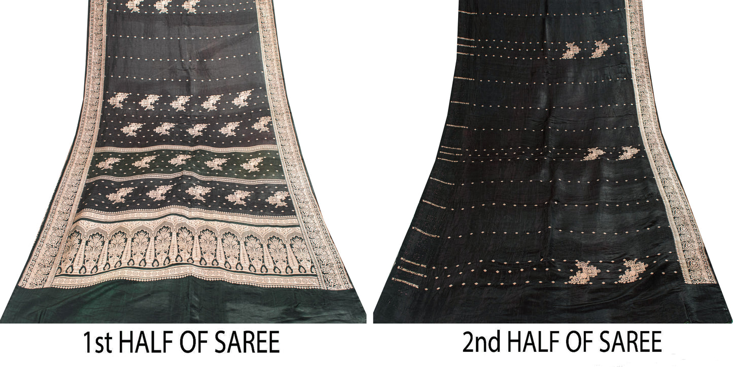 Sanskriti Vintage Black SoftPure Satin Sarees Banarasi Brocade Zari Handmade 5YD