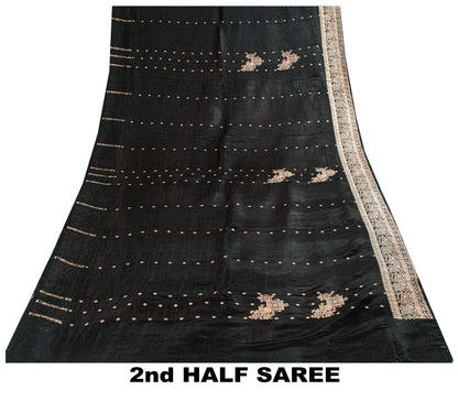 Sanskriti Vintage Black SoftPure Satin Sarees Banarasi Brocade Zari Handmade 5YD