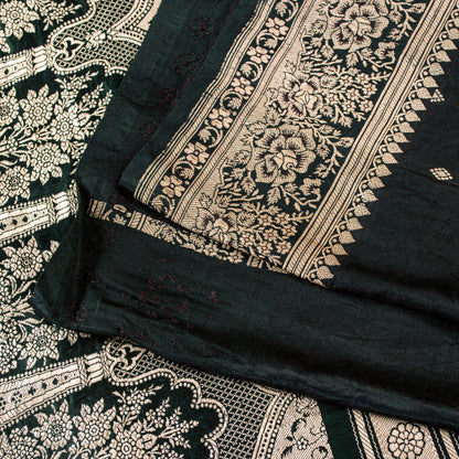 Sanskriti Vintage Black SoftPure Satin Sarees Banarasi Brocade Zari Handmade 5YD