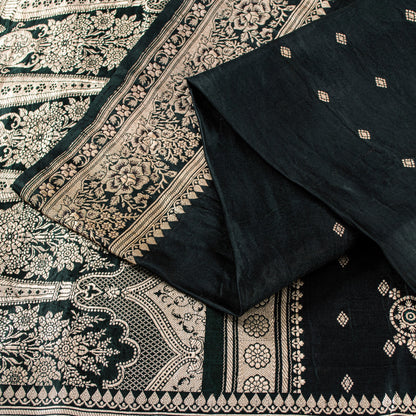 Sanskriti Vintage Black SoftPure Satin Sarees Banarasi Brocade Zari Handmade 5YD
