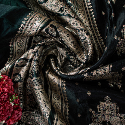 Sanskriti Vintage Black SoftPure Satin Sarees Banarasi Brocade Zari Handmade 5YD