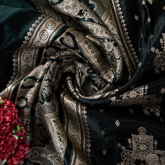 Sanskriti Vintage Black SoftPure Satin Sarees Banarasi Brocade Zari Handmade 5YD