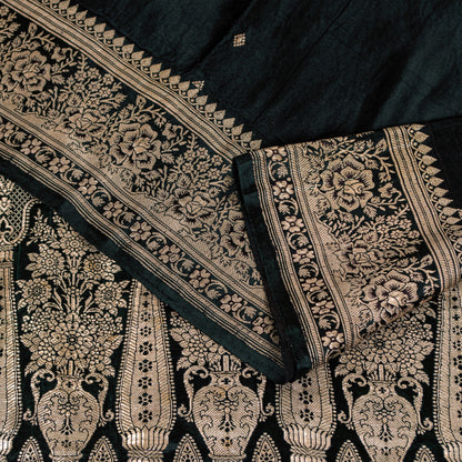Sanskriti Vintage Black SoftPure Satin Sarees Banarasi Brocade Zari Handmade 5YD