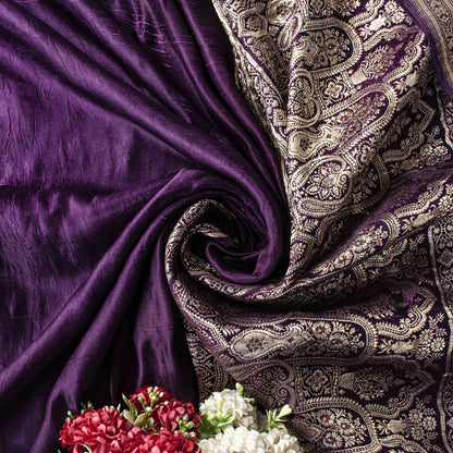 Sanskriti Vintage Violet Pure Satin Saree Banarasi Zari Brocade Blouse Pc Sari