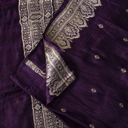 Sanskriti Vintage Violet Pure Satin Saree Banarasi Zari Brocade Blouse Pc Sari