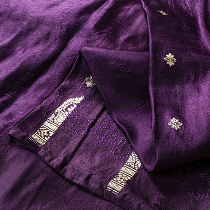 Sanskriti Vintage Violet Pure Satin Saree Banarasi Zari Brocade Blouse Pc Sari