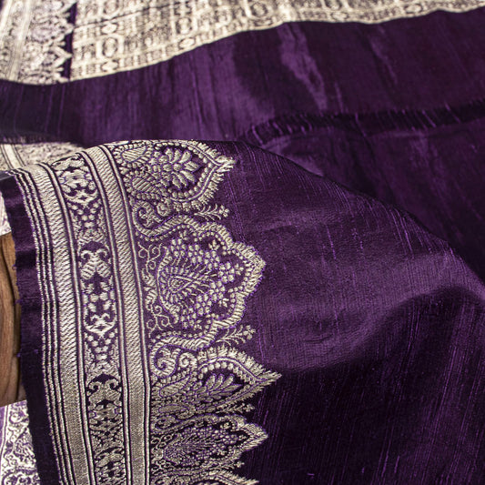 Sanskriti Vintage Violet Pure Satin Saree Banarasi Zari Brocade Blouse Pc Sari