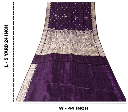 Sanskriti Vintage Violet Pure Satin Saree Banarasi Zari Brocade Blouse Pc Sari