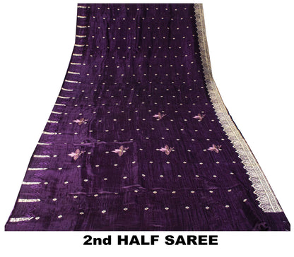 Sanskriti Vintage Violet Pure Satin Saree Banarasi Zari Brocade Blouse Pc Sari