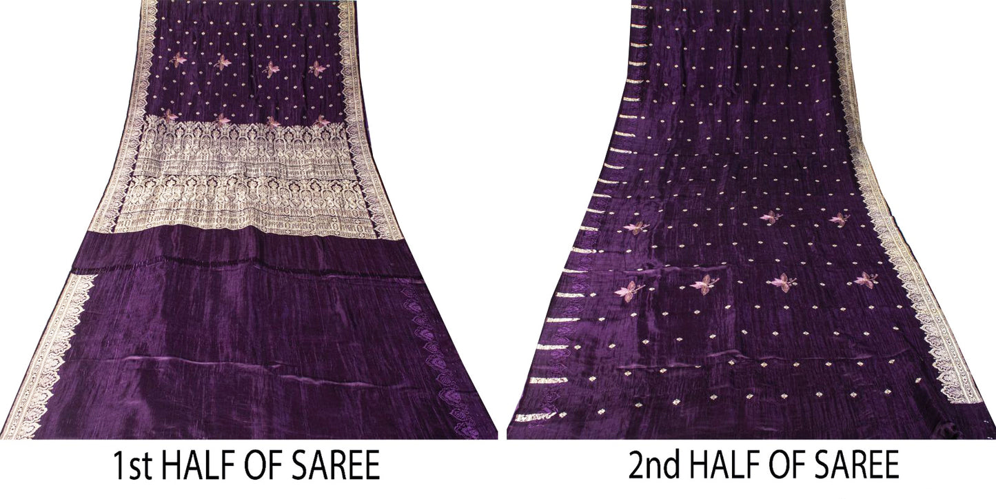 Sanskriti Vintage Violet Pure Satin Saree Banarasi Zari Brocade Blouse Pc Sari