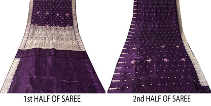 Sanskriti Vintage Violet Pure Satin Saree Banarasi Zari Brocade Blouse Pc Sari