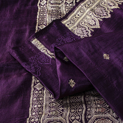 Sanskriti Vintage Violet Pure Satin Saree Banarasi Zari Brocade Blouse Pc Sari