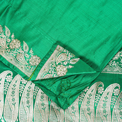 Sanskriti Vintage Green Soft Pure Satin Sarees Zari Handmade Brocade Banarasi 5y