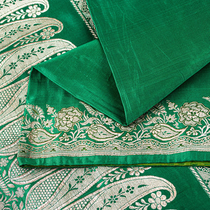 Sanskriti Vintage Green Soft Pure Satin Sarees Zari Handmade Brocade Banarasi 5y